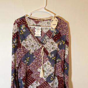 Velzera  Floral Patchwork Mini Dress Size Medium New with Tags Boho Tassel Tie